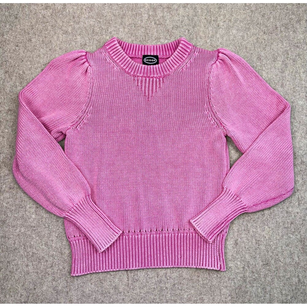 Scoop Girls Size S (4-6) Pink Knit Cotton Pullover Sweater Crew Puff Sleeve
